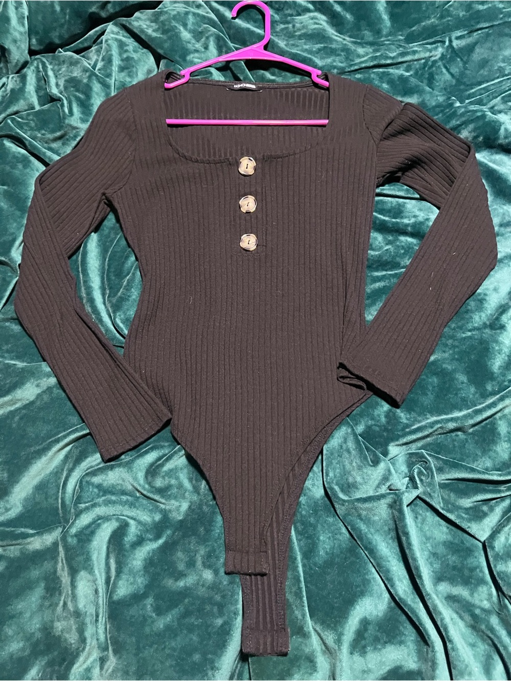 Fashion Nova Black Ribbed Long-Sleeve Bodysuit with Button Front